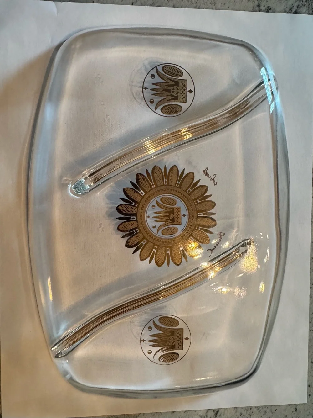 Gold-Trim Clear Glass Divided Serving Tray with Sunburst Medallions